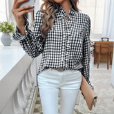 Women's French Style Checkered Button-Up Shirt - Elegant Plaid Pattern, Stand Collar With Ruffled Cuffs, Comfortable Wear - kinko